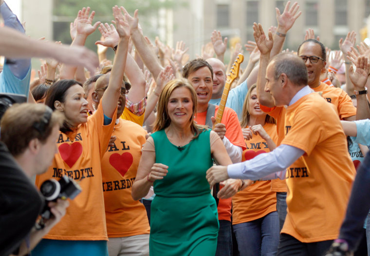 Image: 'Today' show host Meredith Vieira participates in a music video with NBC staff during her final show in New York